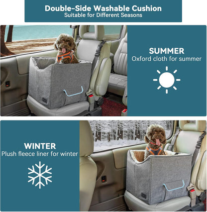 Small Dog Car Seat, Pet Travel Car Booster Seat with Safety Belt, Washable Double-Sided Cushion and Storage Pocket for Small Pet (Small, Light Grey)